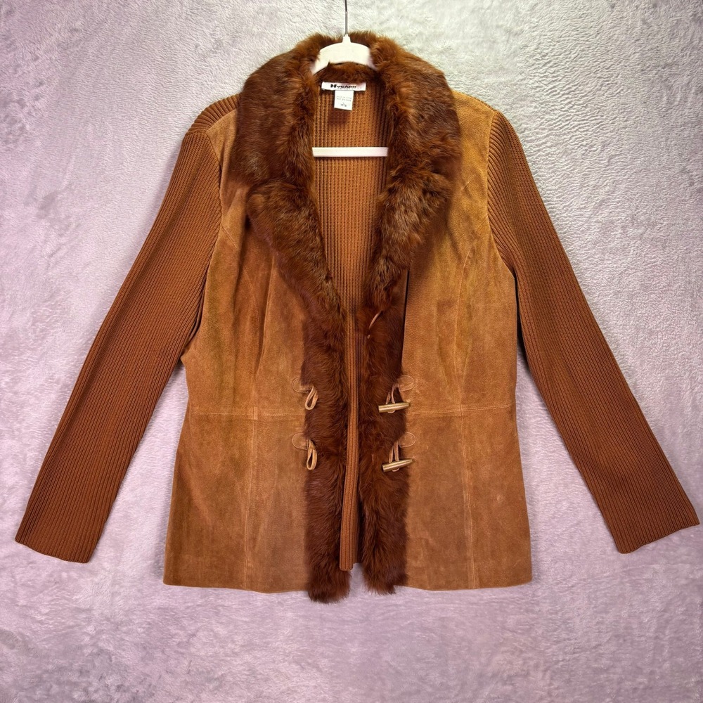 Nygard Women Jacket L Brown Suede Rabbit Fur Trim Ribbed Knit Toggle Closure - Picture 5 of 7